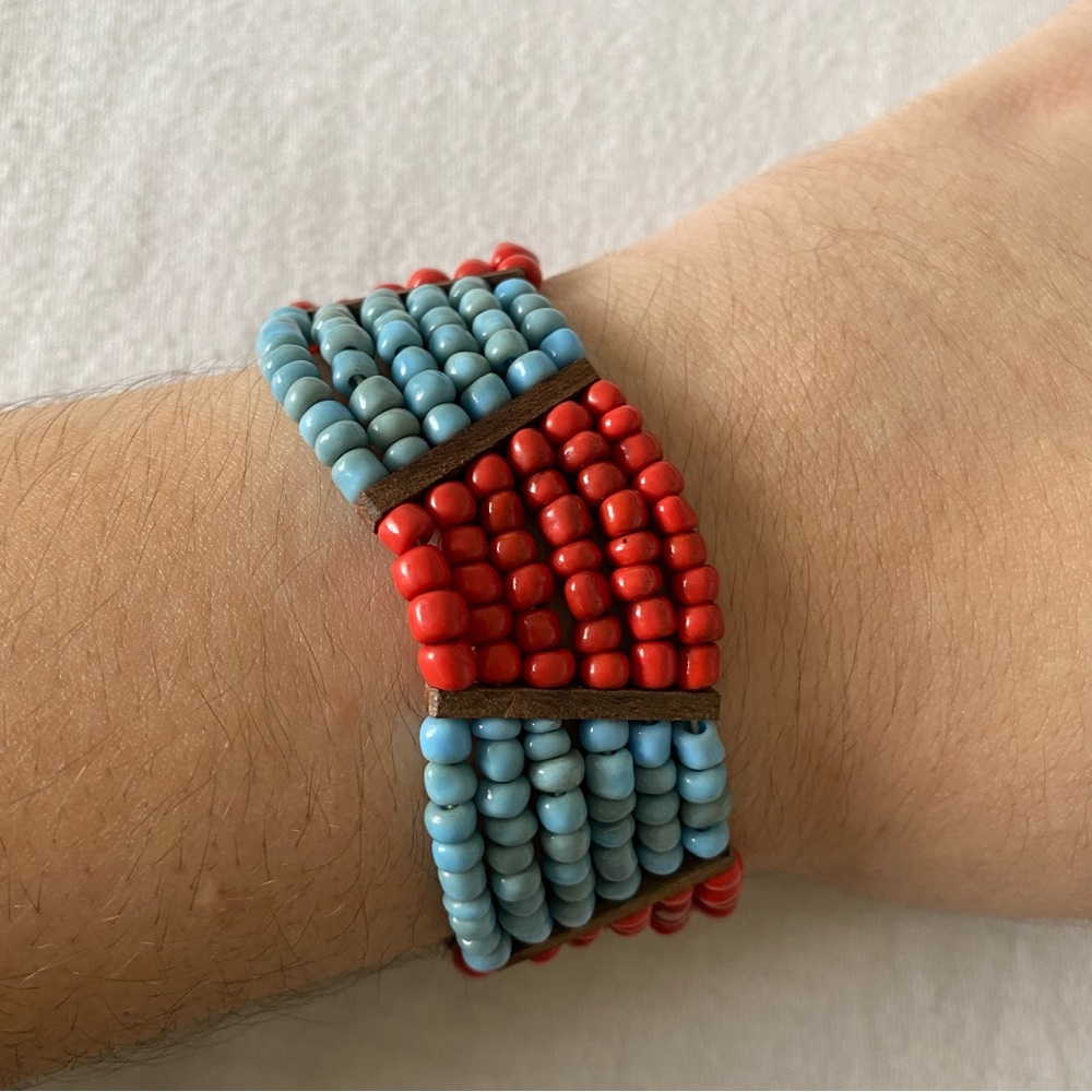 Handmade Stretchy Orange Blue Beaded Bracelet